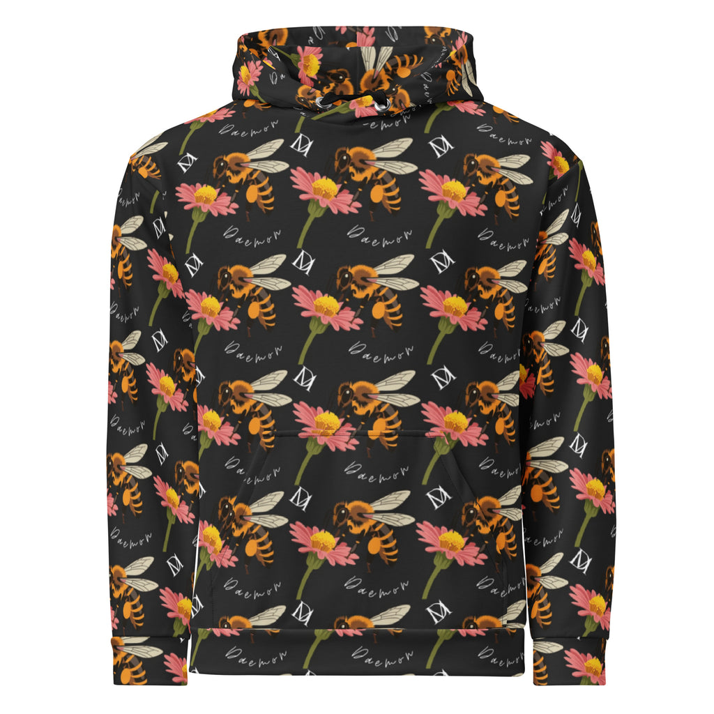Unisex white hoodie with all-over Honeybee Shores Gardena Nero print by Daemon Luxury, featuring a front view and drawstring hood.