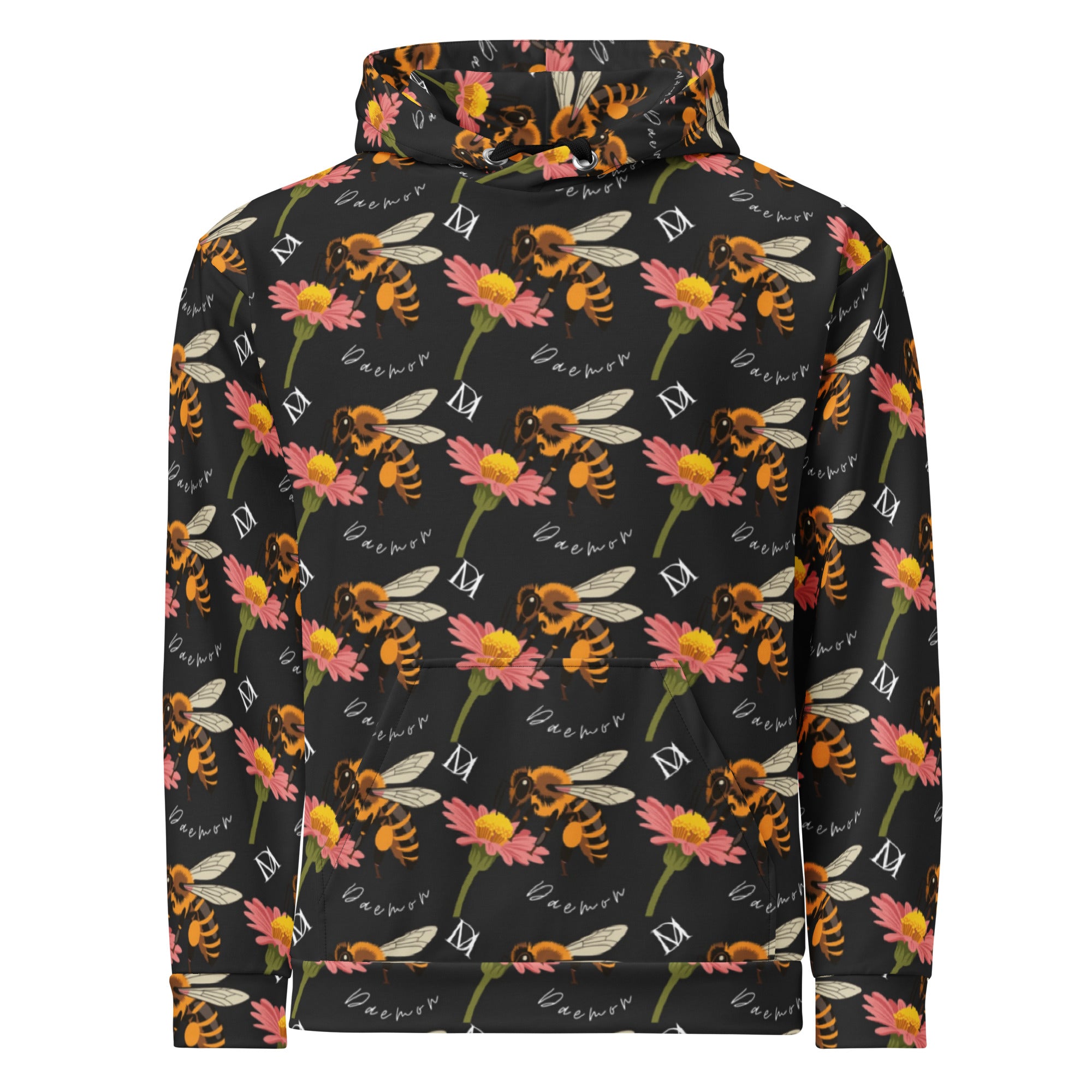 Unisex white hoodie with all-over Honeybee Shores Gardena Nero print by Daemon Luxury, featuring a front view and drawstring hood.