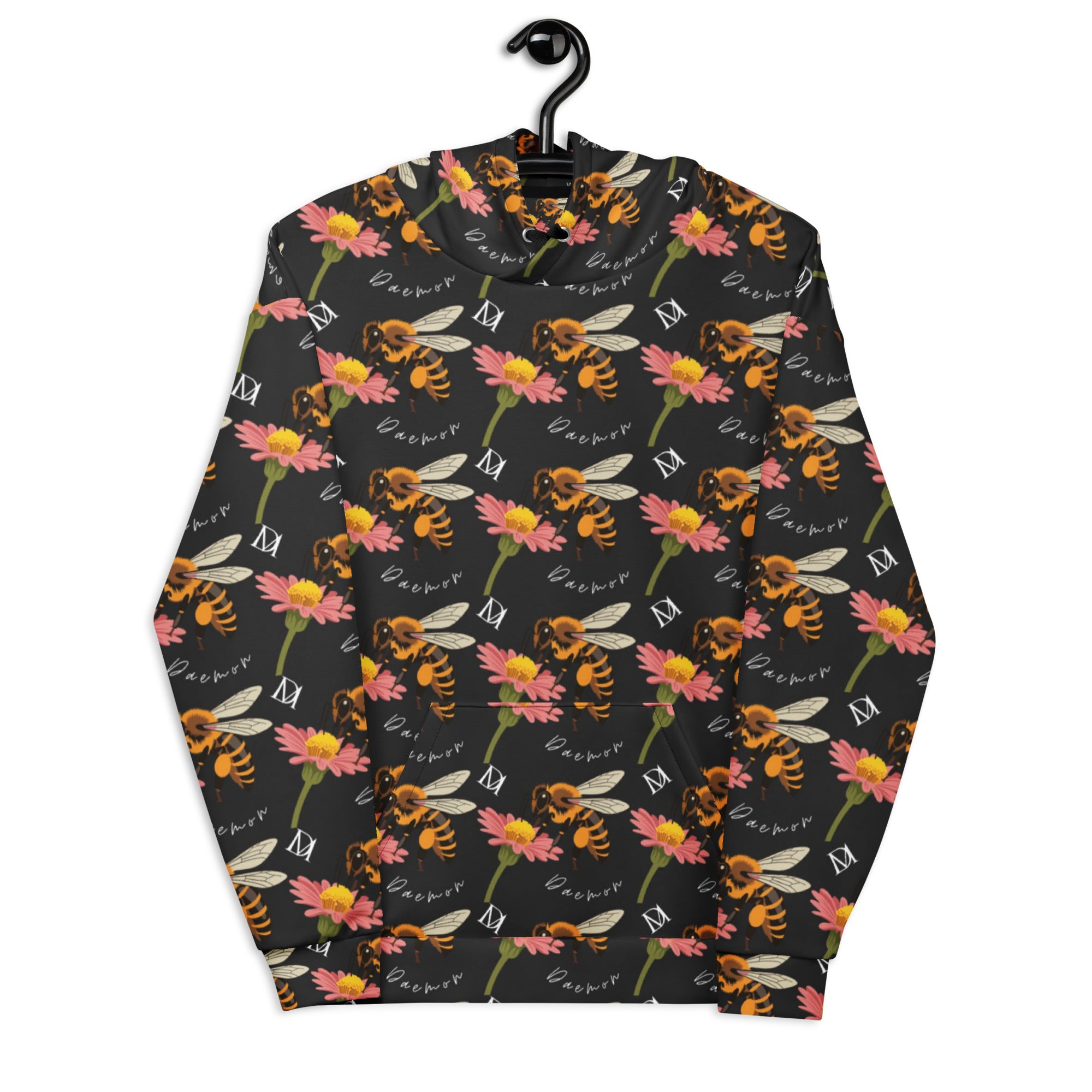 Unisex white hoodie with all-over Honeybee Shores (Gardena Nero) print by Daemon Luxury, featuring a front view and hood.