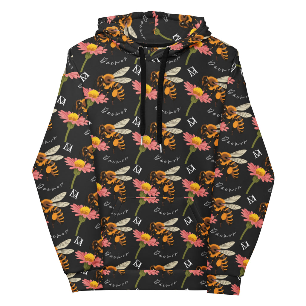 Daemon Luxury Honeybee Shores Gardena Nero unisex hoodie with all-over print, white recycled fabric, front view.