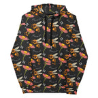 Daemon Luxury Honeybee Shores Gardena Nero unisex hoodie with all-over print, white recycled fabric, front view.