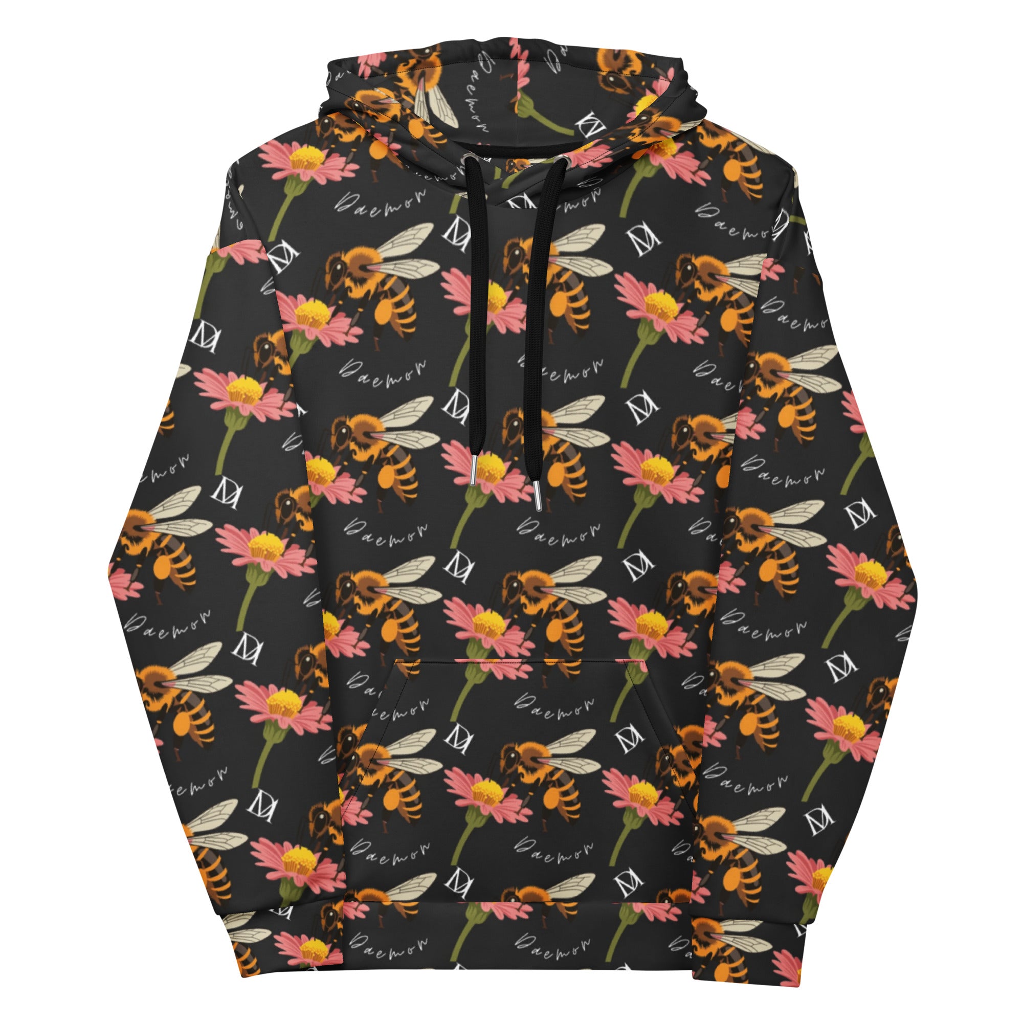 Daemon Luxury Honeybee Shores Gardena Nero unisex hoodie with all-over print, white recycled fabric, front view.