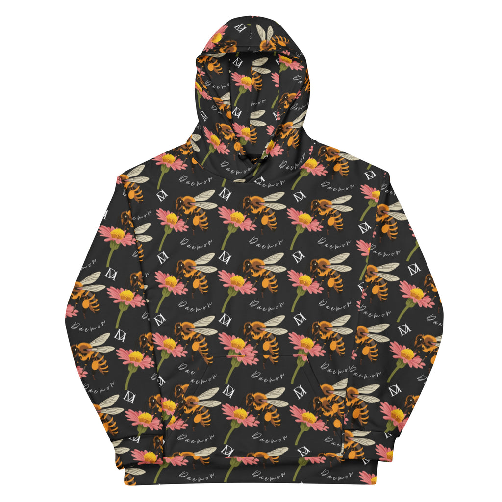 Daemon Luxury Honeybee Shores Gardena Nero unisex hoodie with all-over print on white recycled fabric, front view.