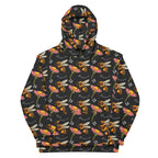 Daemon Luxury Honeybee Shores Gardena Nero unisex hoodie with all-over print on white recycled fabric, front view.