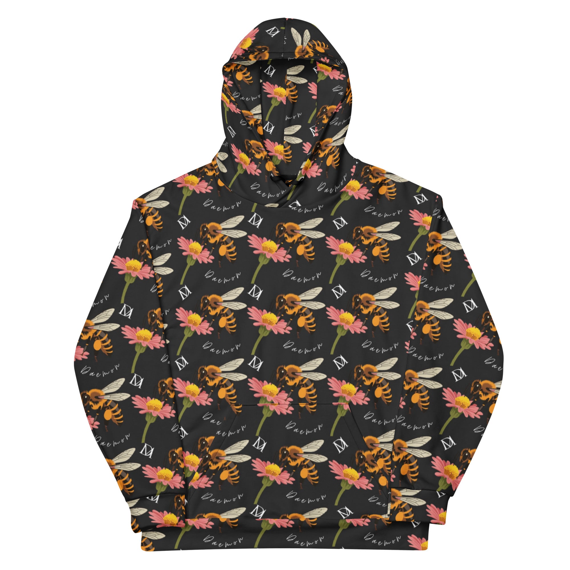 Daemon Luxury Honeybee Shores Gardena Nero unisex hoodie with all-over print on white recycled fabric, front view.