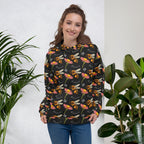 Recycled white unisex hoodie with Honeybee Shores Gardena Nero all-over print by Daemon Luxury, front view.