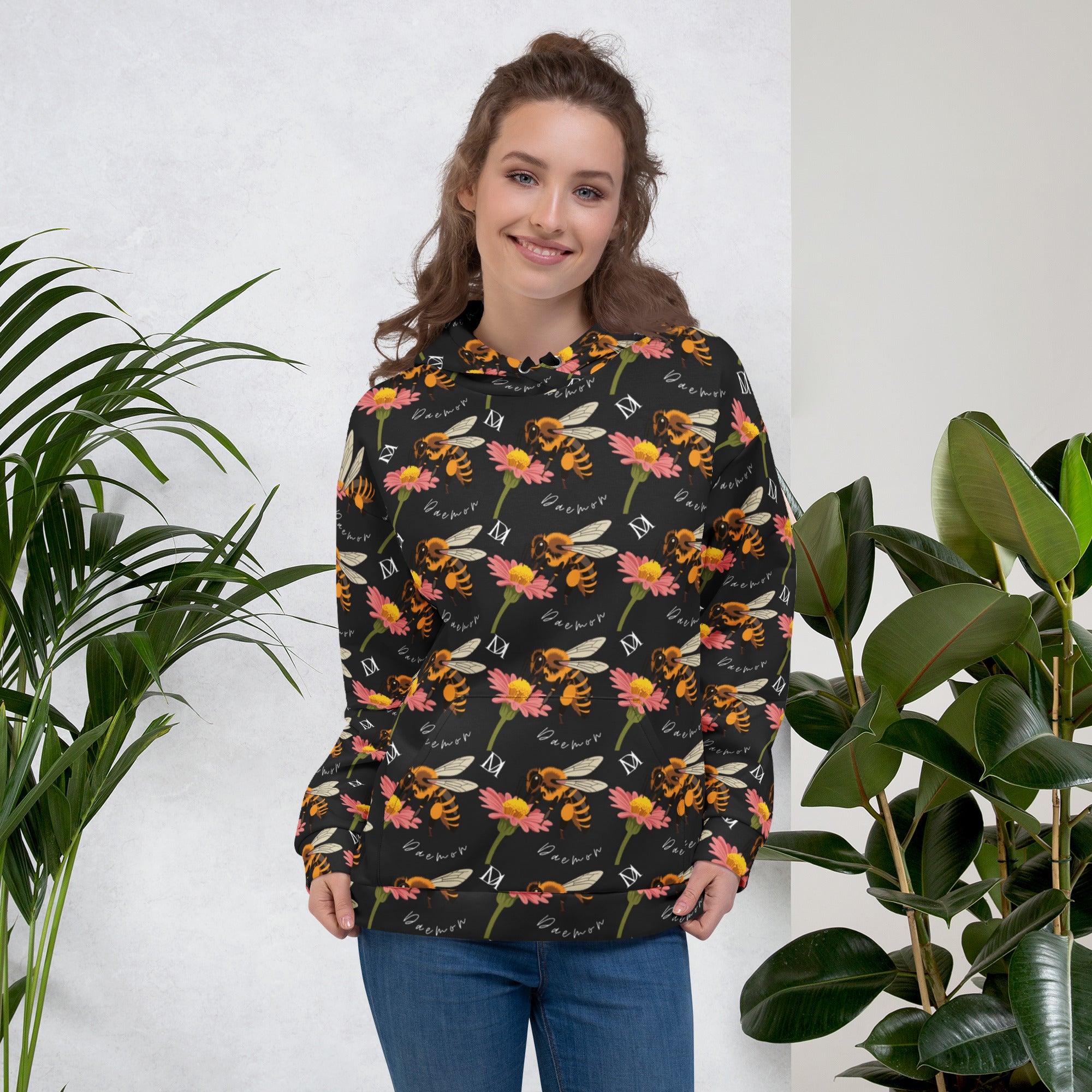 Recycled white unisex hoodie with Honeybee Shores Gardena Nero all-over print by Daemon Luxury, front view.