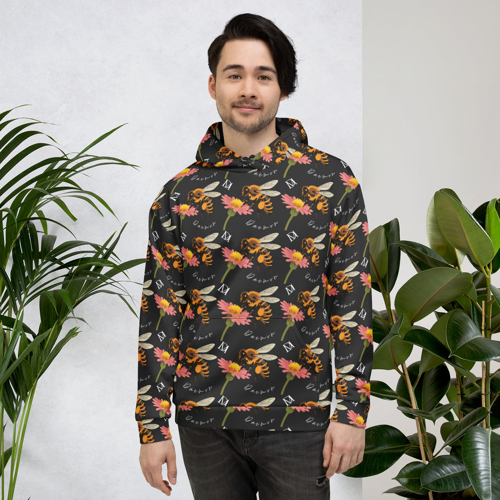 Unisex white hoodie with all-over recycled print featuring Honeybee Shores and Gardena Nero design by Daemon Luxury.