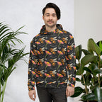 Unisex white hoodie with all-over recycled print featuring Honeybee Shores and Gardena Nero design by Daemon Luxury.