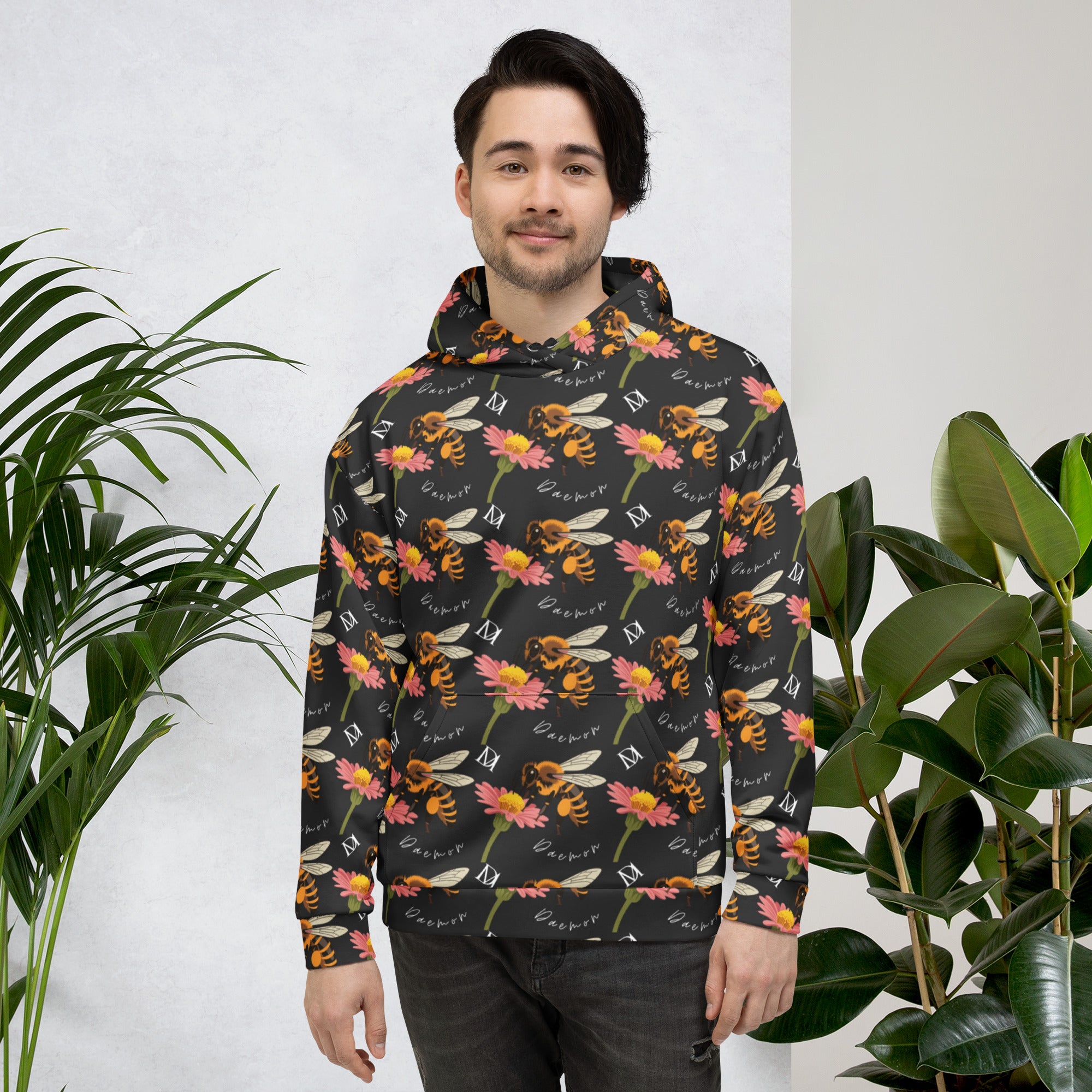 Unisex white hoodie with all-over recycled print featuring Honeybee Shores and Gardena Nero design by Daemon Luxury.