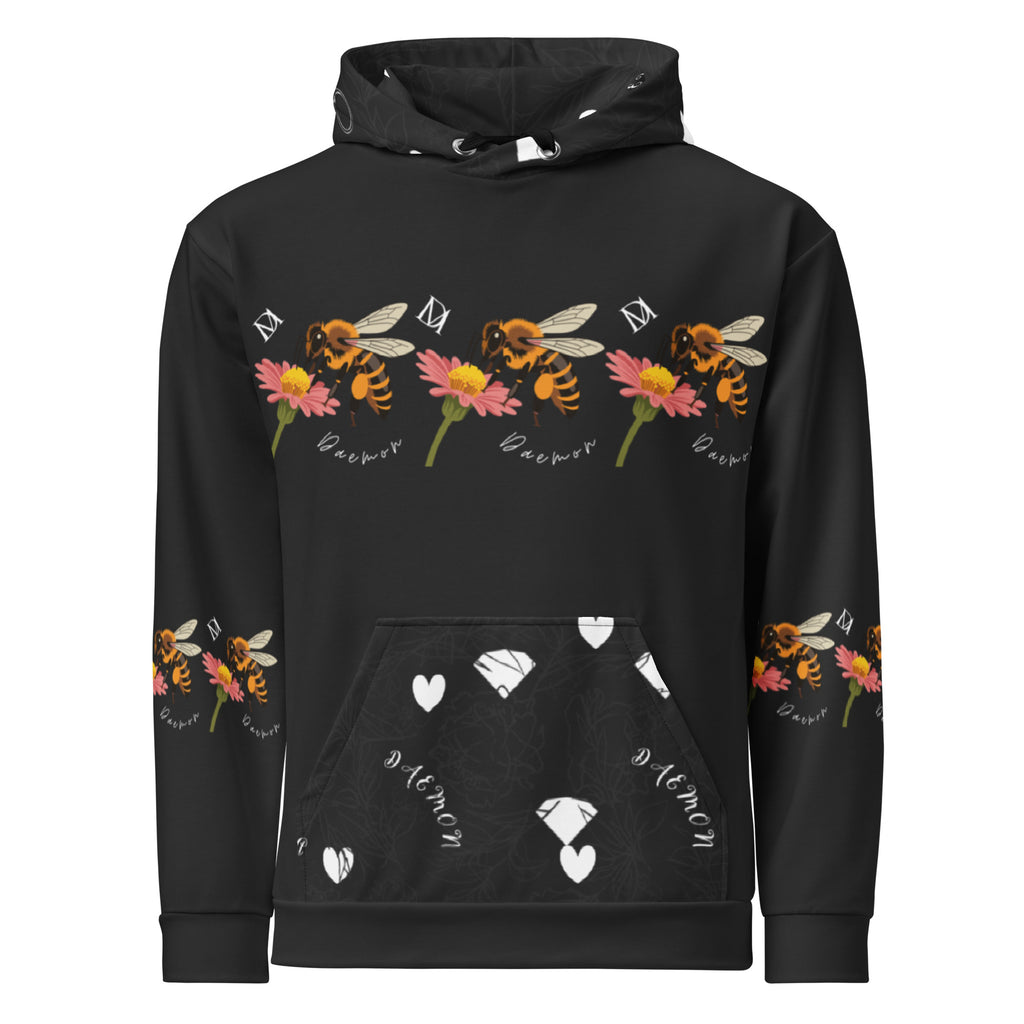 Daemon Luxury Florette Rebirth honeybee nights unisex hoodie with all-over white recycled print, front view.