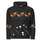 Daemon Luxury Florette Rebirth honeybee nights unisex hoodie with all-over white recycled print, front view.