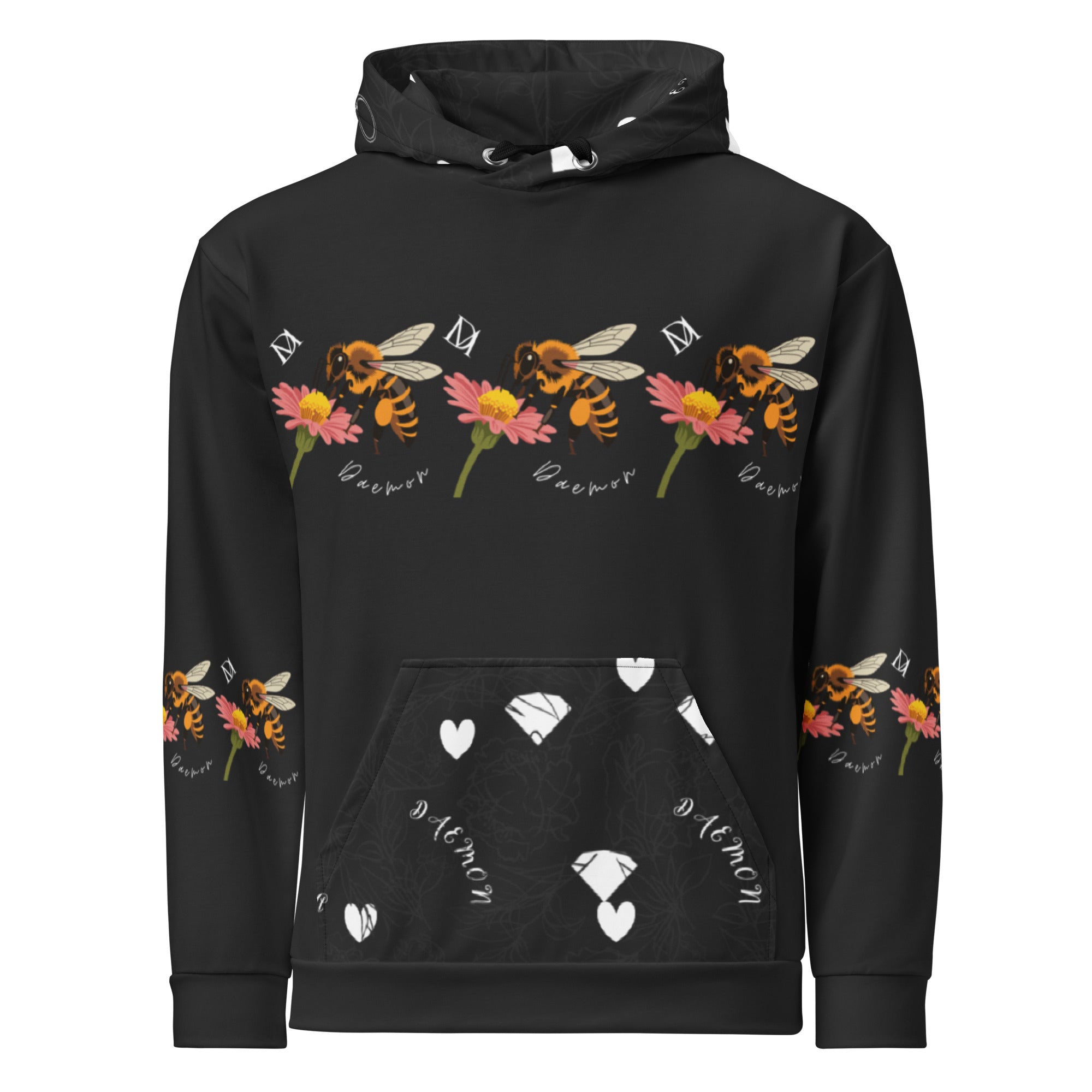 Daemon Luxury Florette Rebirth honeybee nights unisex hoodie with all-over white recycled print, front view.