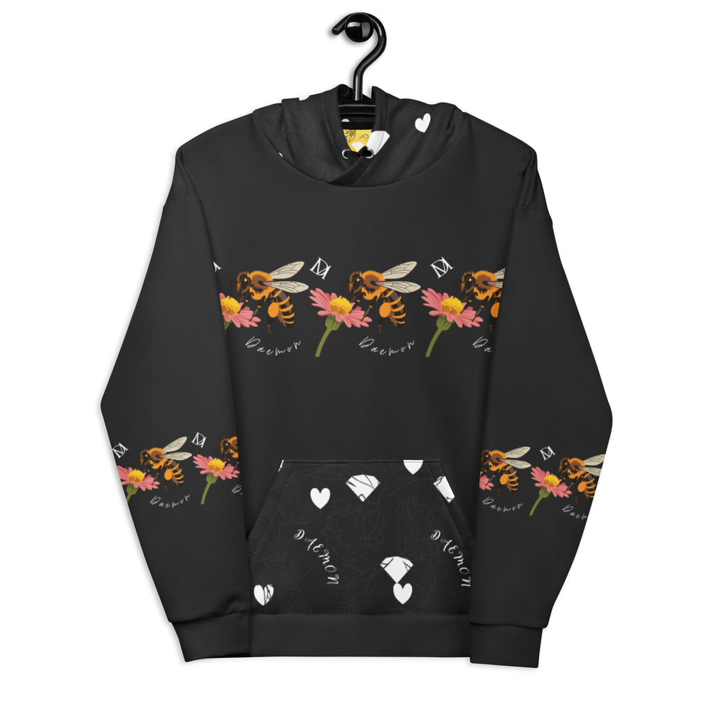 Daemon Luxury Florette Rebirth Honeybee Nights unisex hoodie with all-over white recycled print, front view.