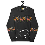 Daemon Luxury Florette Rebirth Honeybee Nights unisex hoodie with all-over white recycled print, front view.