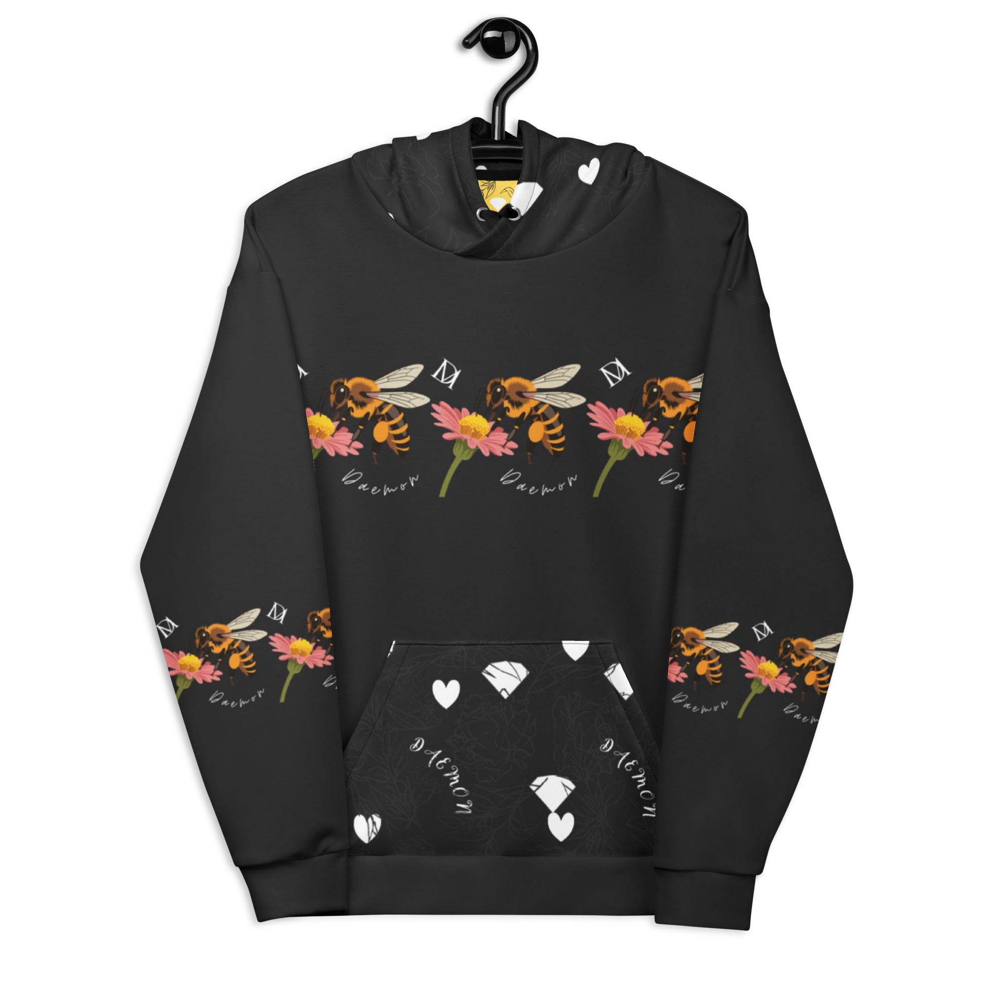 Daemon Luxury Florette Rebirth Honeybee Nights unisex hoodie with all-over white recycled print, front view.