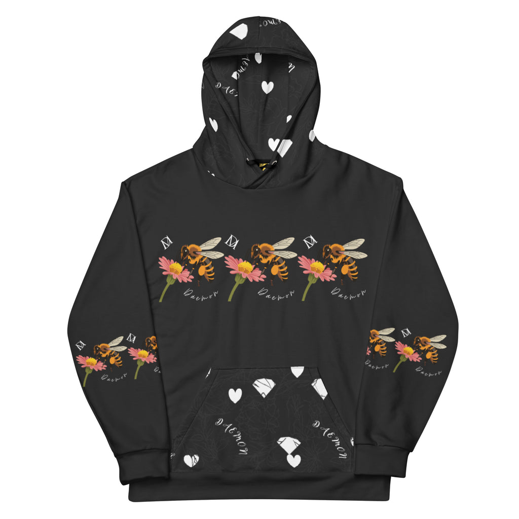 Unisex white Felpa Cappuccio hoodie with all-over-print design from Daemon Luxury's Florette Rebirth Honeybee Nights collection.