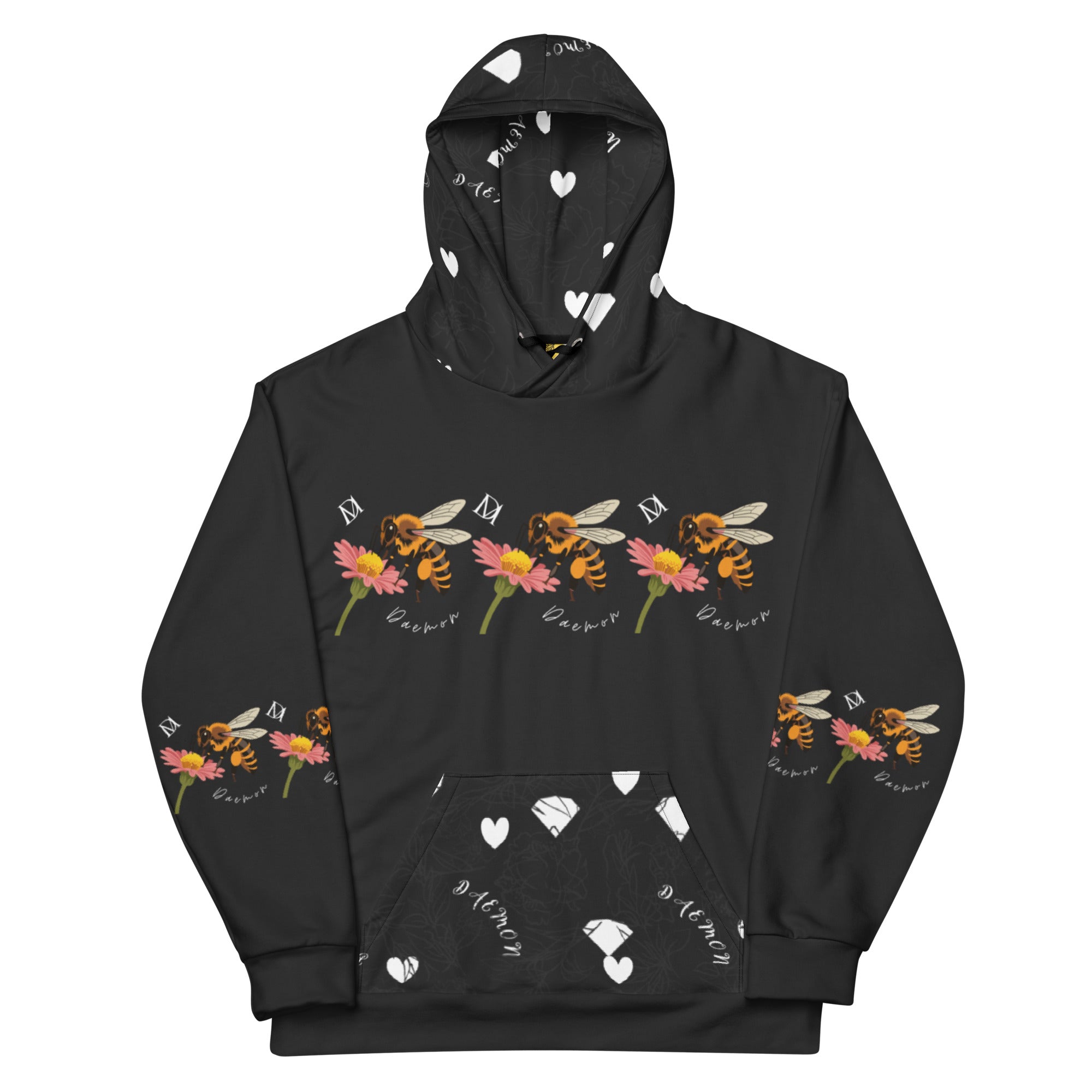 Unisex white Felpa Cappuccio hoodie with all-over-print design from Daemon Luxury's Florette Rebirth Honeybee Nights collection.
