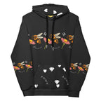 Daemon Luxury Florette Rebirth Honeybee Nights unisex hoodie with all-over white recycled print and hood, front view.