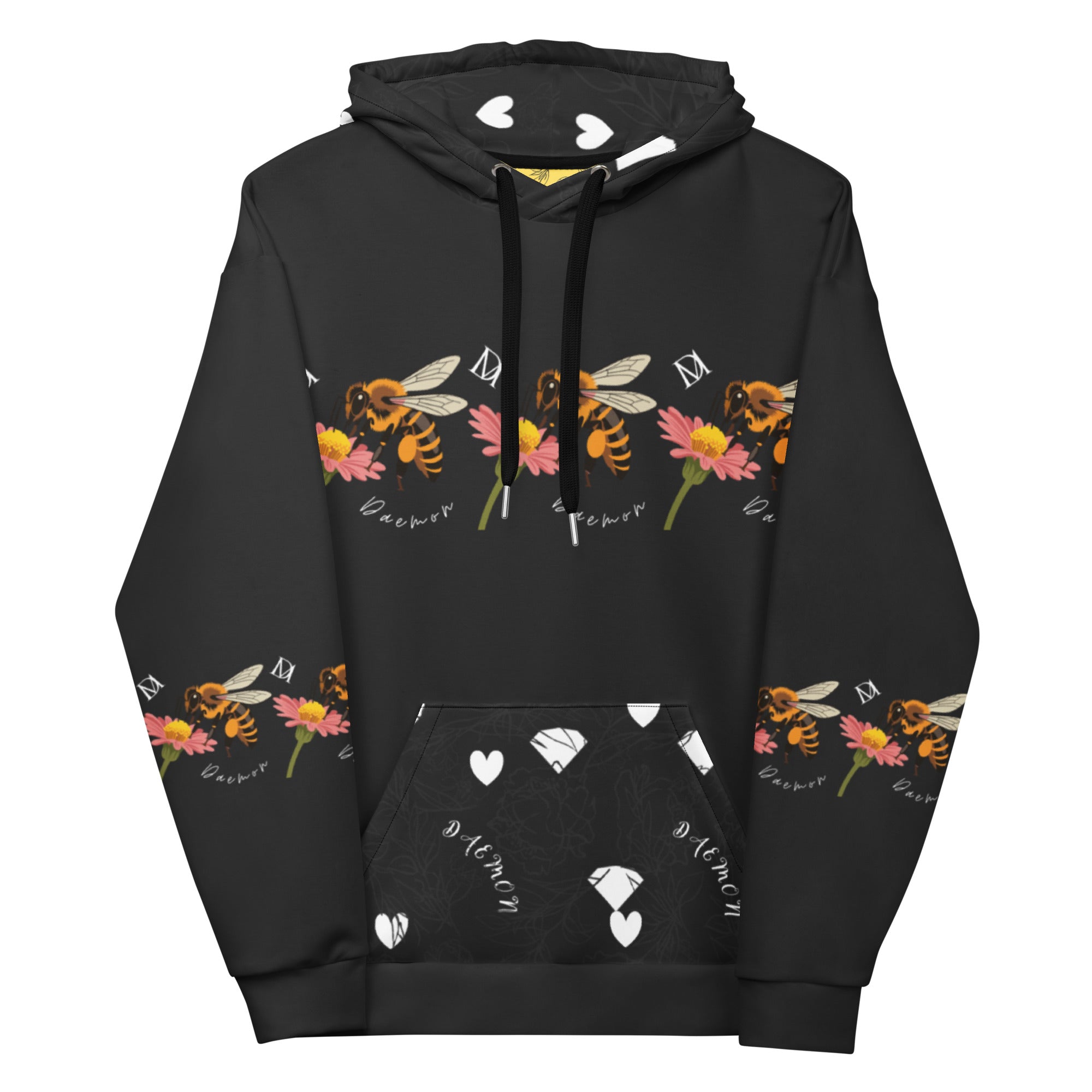 Daemon Luxury Florette Rebirth Honeybee Nights unisex hoodie with all-over white recycled print and hood, front view.