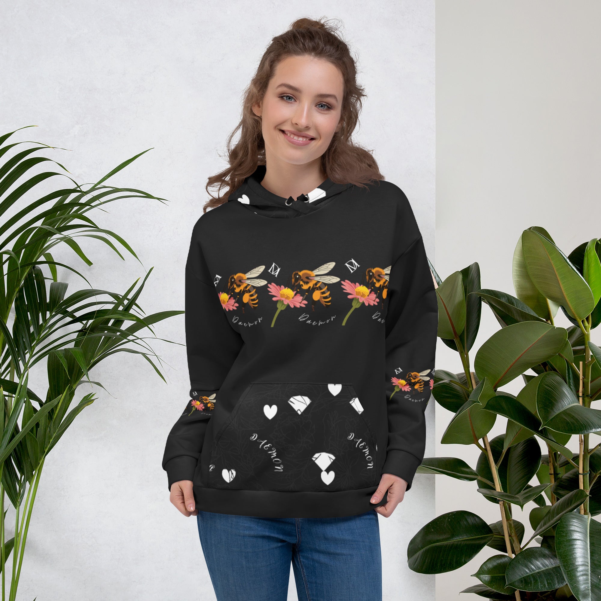 White Felpa Cappucio hoodie with all-over honeybee nights print, unisex design by Daemon Luxury featuring vibrant, detailed artwork.
