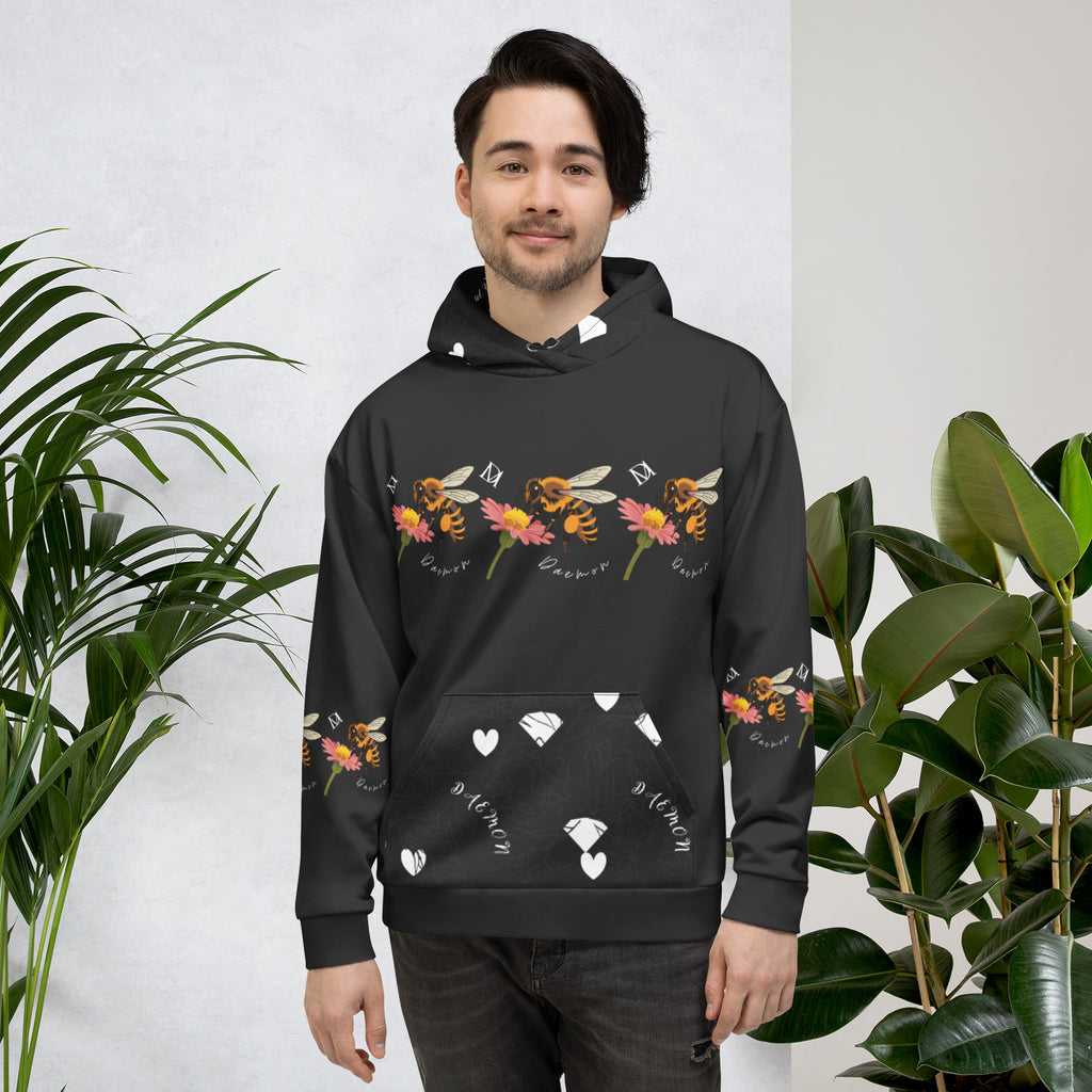 Daemon Luxury Florette Rebirth Honeybee Nights unisex recycled hoodie with all-over white print, front view.