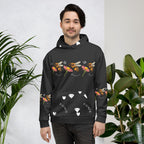 Daemon Luxury Florette Rebirth Honeybee Nights unisex recycled hoodie with all-over white print, front view.