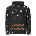 Daemon Luxury Florette Rebirth honeybee less unisex hoodie with all-over recycled print and white fabric, front view.