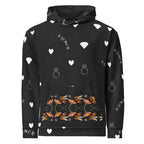 Daemon Luxury Florette Rebirth honeybee less unisex hoodie with all-over recycled print and white fabric, front view.