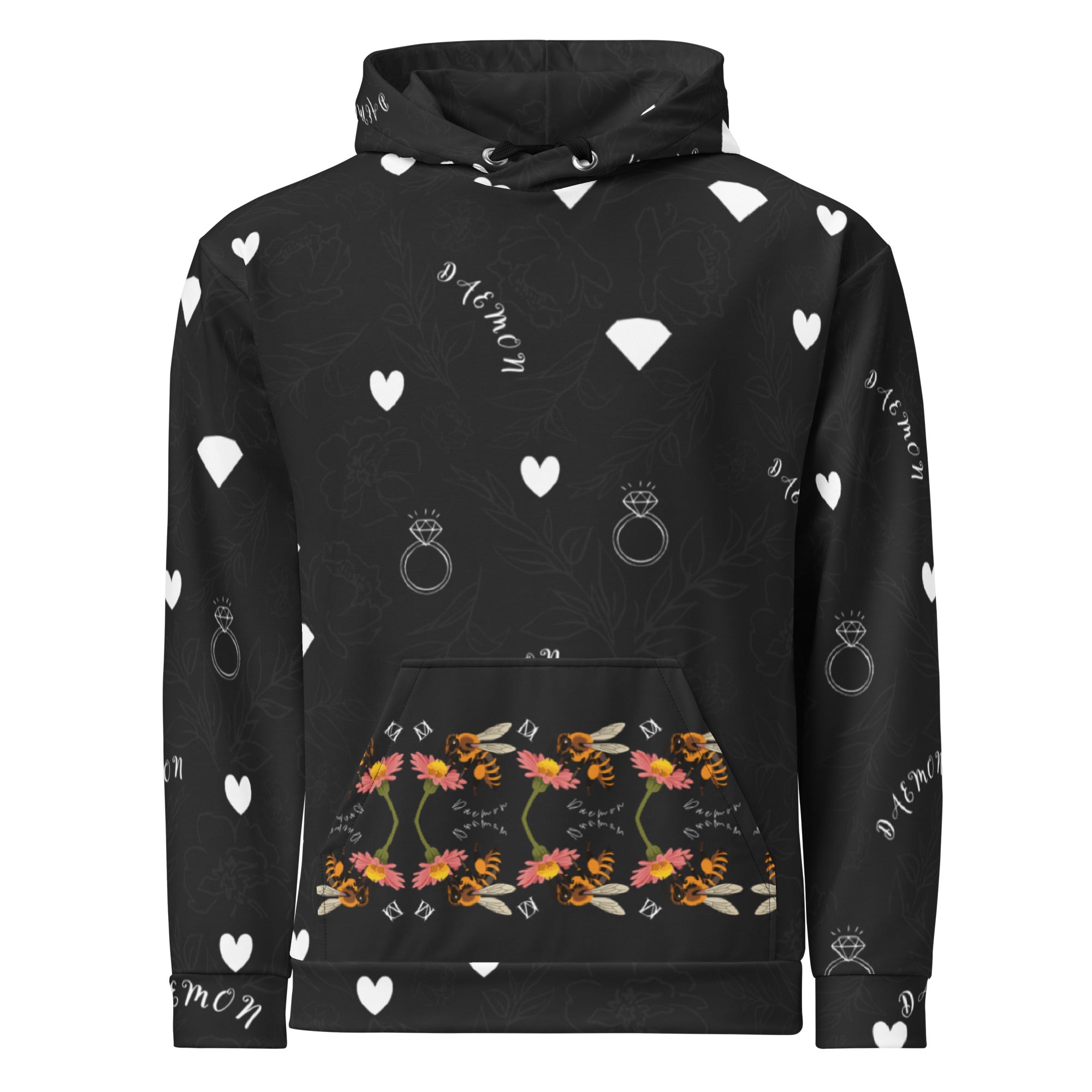 Daemon Luxury Florette Rebirth honeybee less unisex hoodie with all-over recycled print and white fabric, front view.