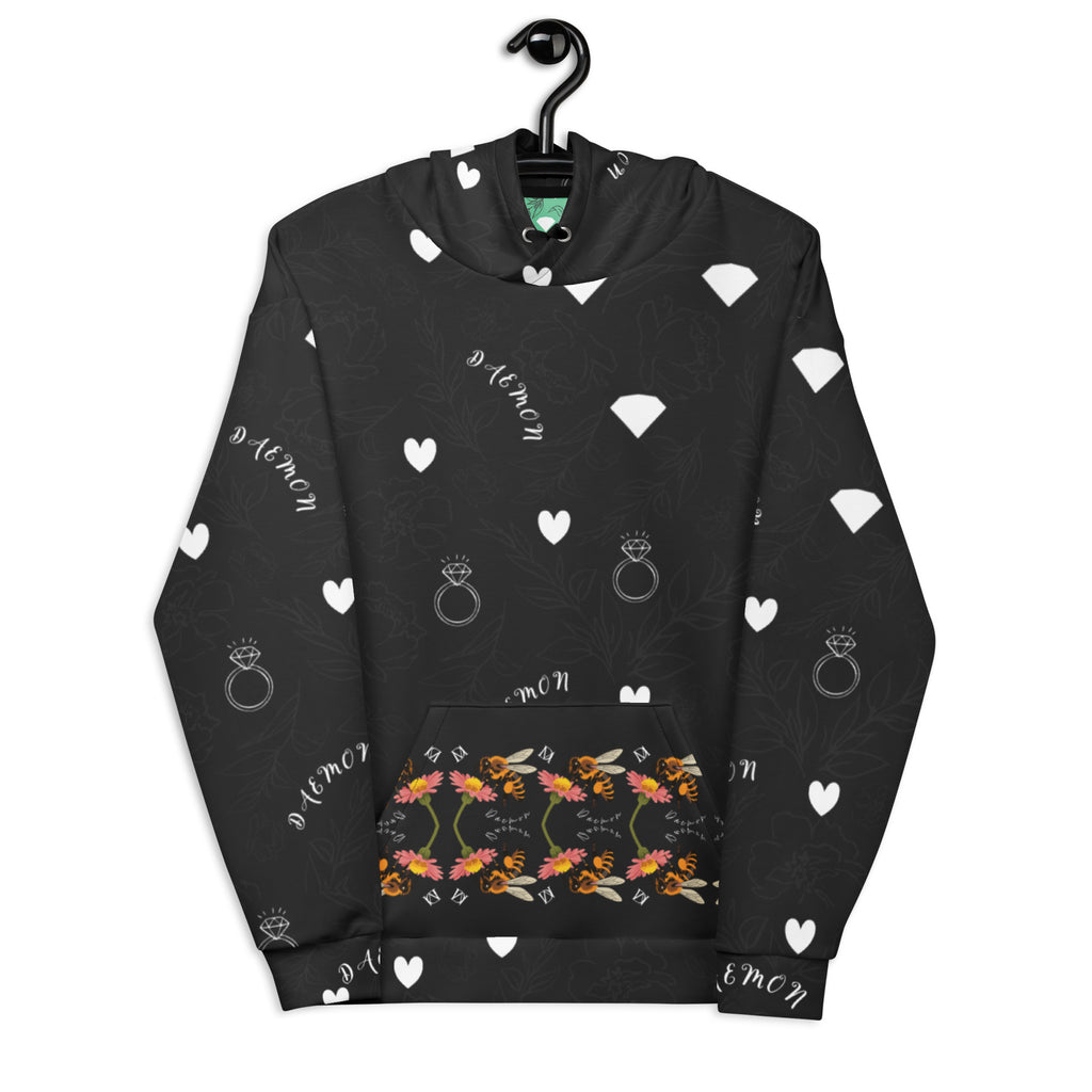 Unisex white hoodie with all-over print featuring honeybee and floral designs, by Daemon Luxury Florette Rebirth collection.