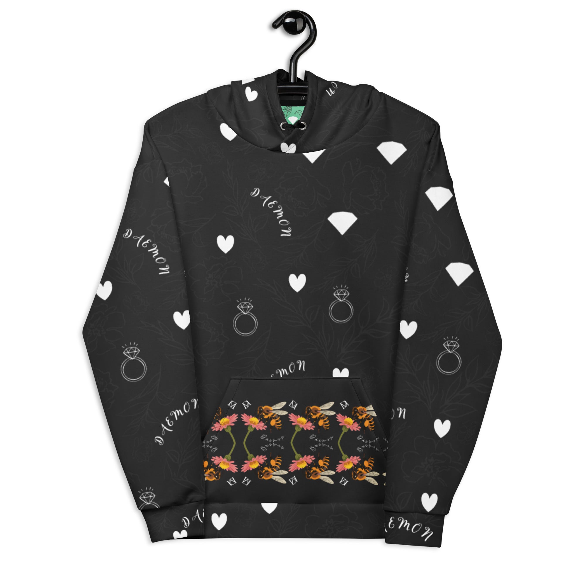 Unisex white hoodie with all-over print featuring honeybee and floral designs, by Daemon Luxury Florette Rebirth collection.