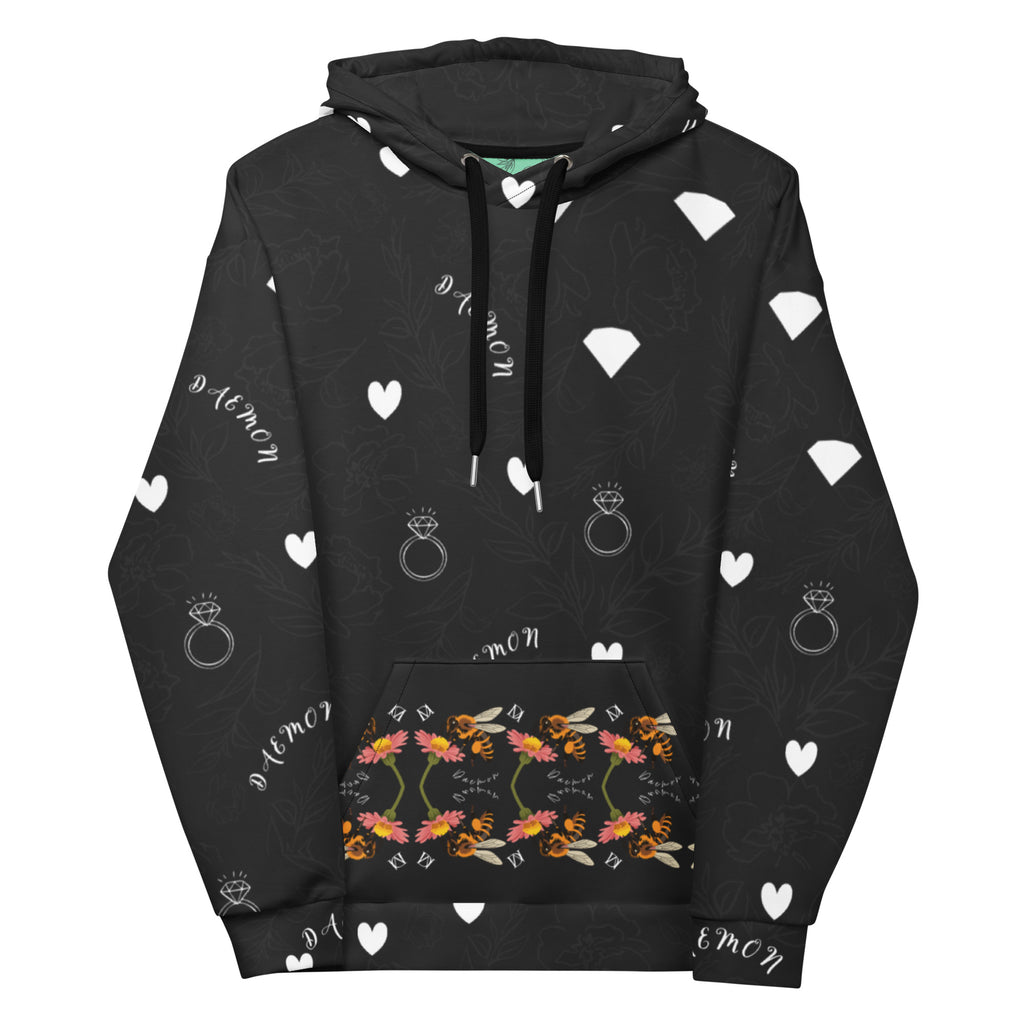 Daemon Luxury Florette Rebirth Honeybee Less unisex hoodie with all-over print, white recycled fabric, front view.