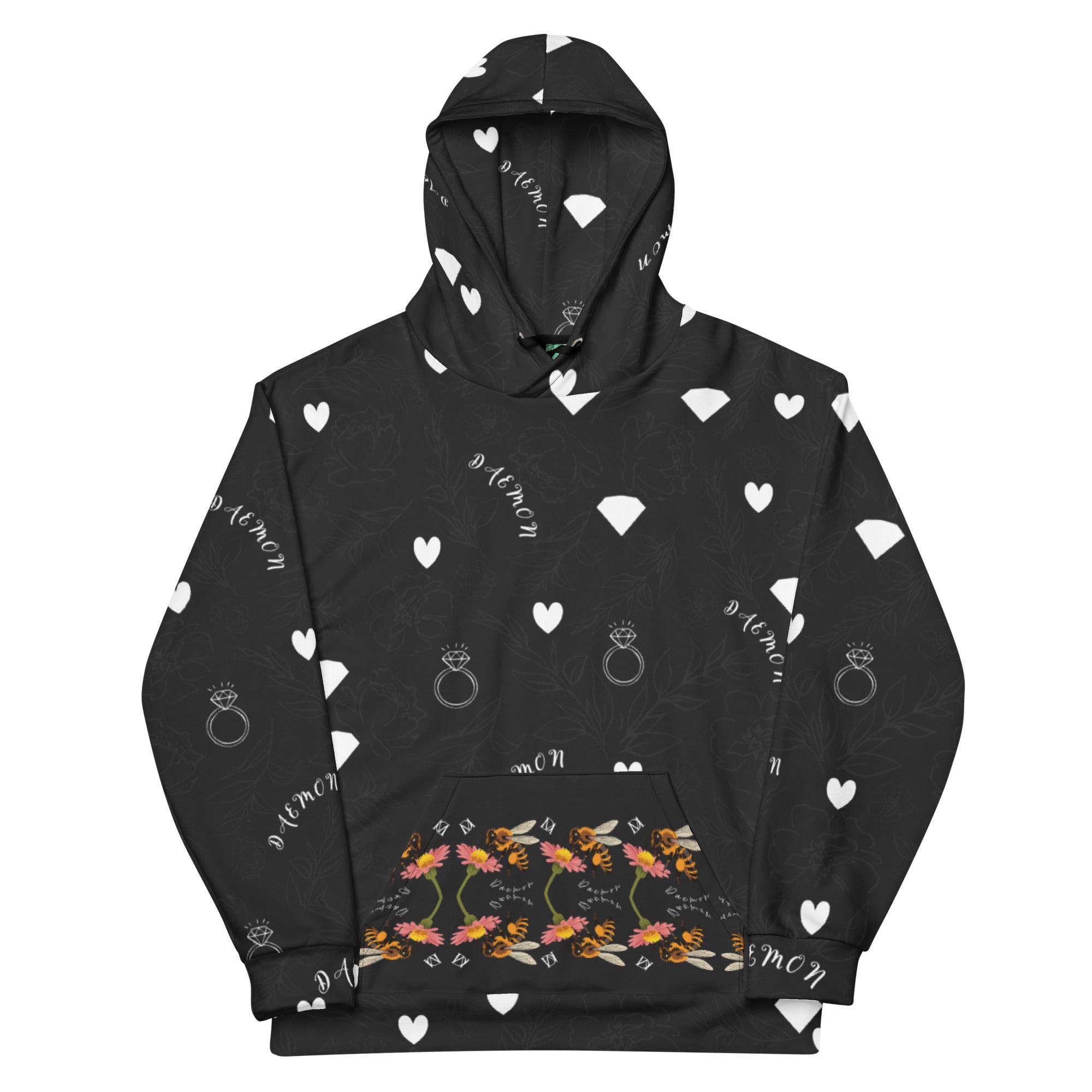 White Daemon Luxury Florette Rebirth honeybee hoodie with all-over recycled print, unisex design, front view.