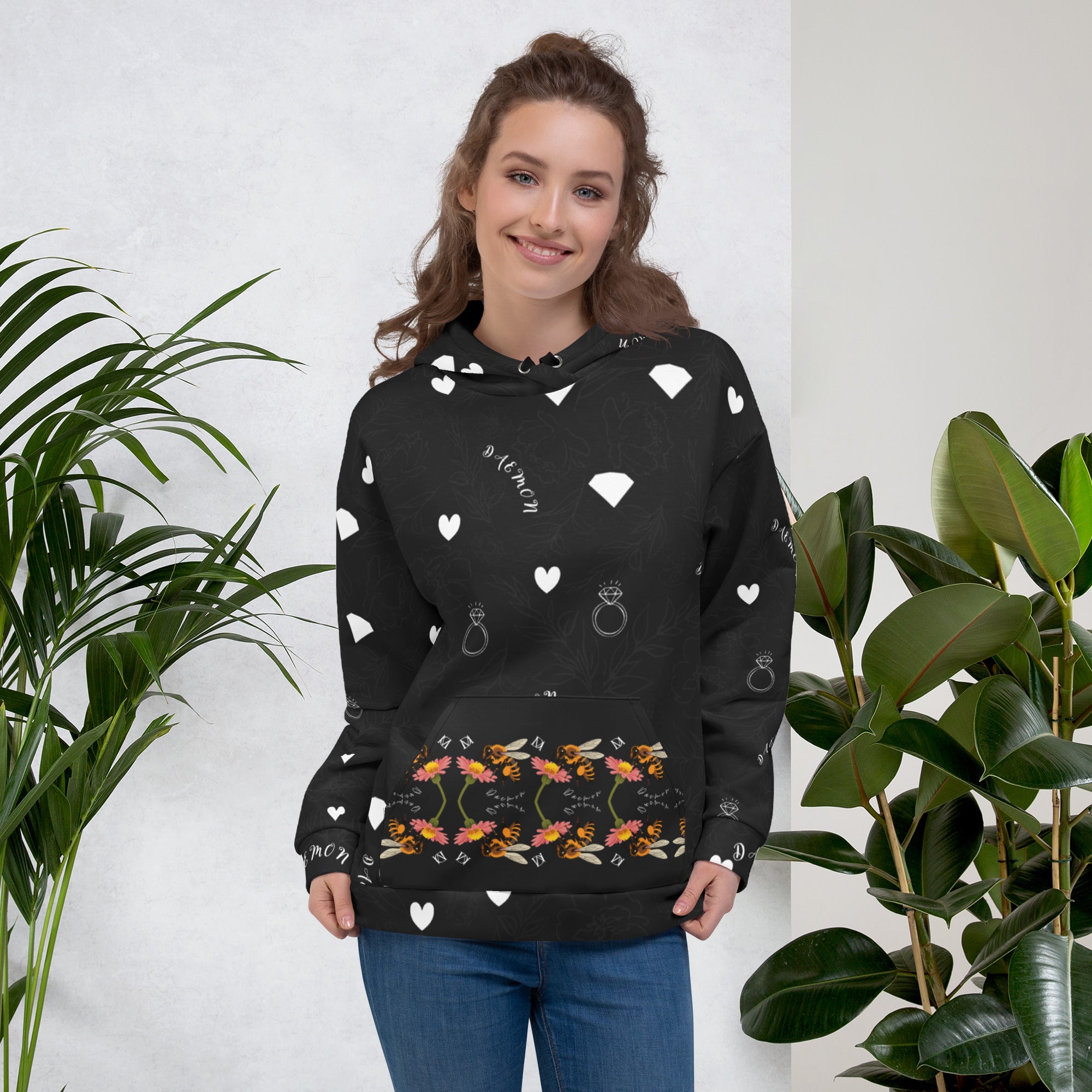 Daemon Luxury Florette Rebirth Honeybee Less unisex hoodie with all-over recycled print, white front view.