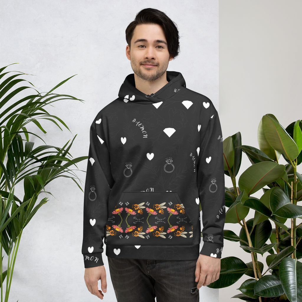 Daemon Luxury Florette Rebirth Honeybee Less recycled unisex hoodie with all-over print in white, featuring a stylish hooded design.