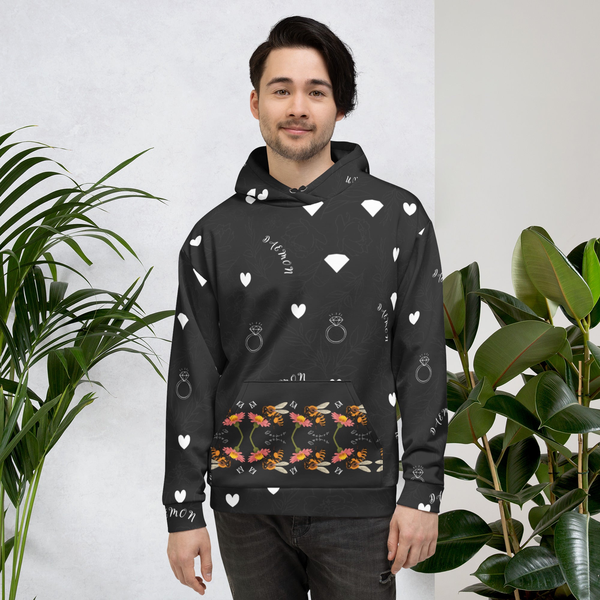 Daemon Luxury Florette Rebirth Honeybee Less recycled unisex hoodie with all-over print in white, featuring a stylish hooded design.