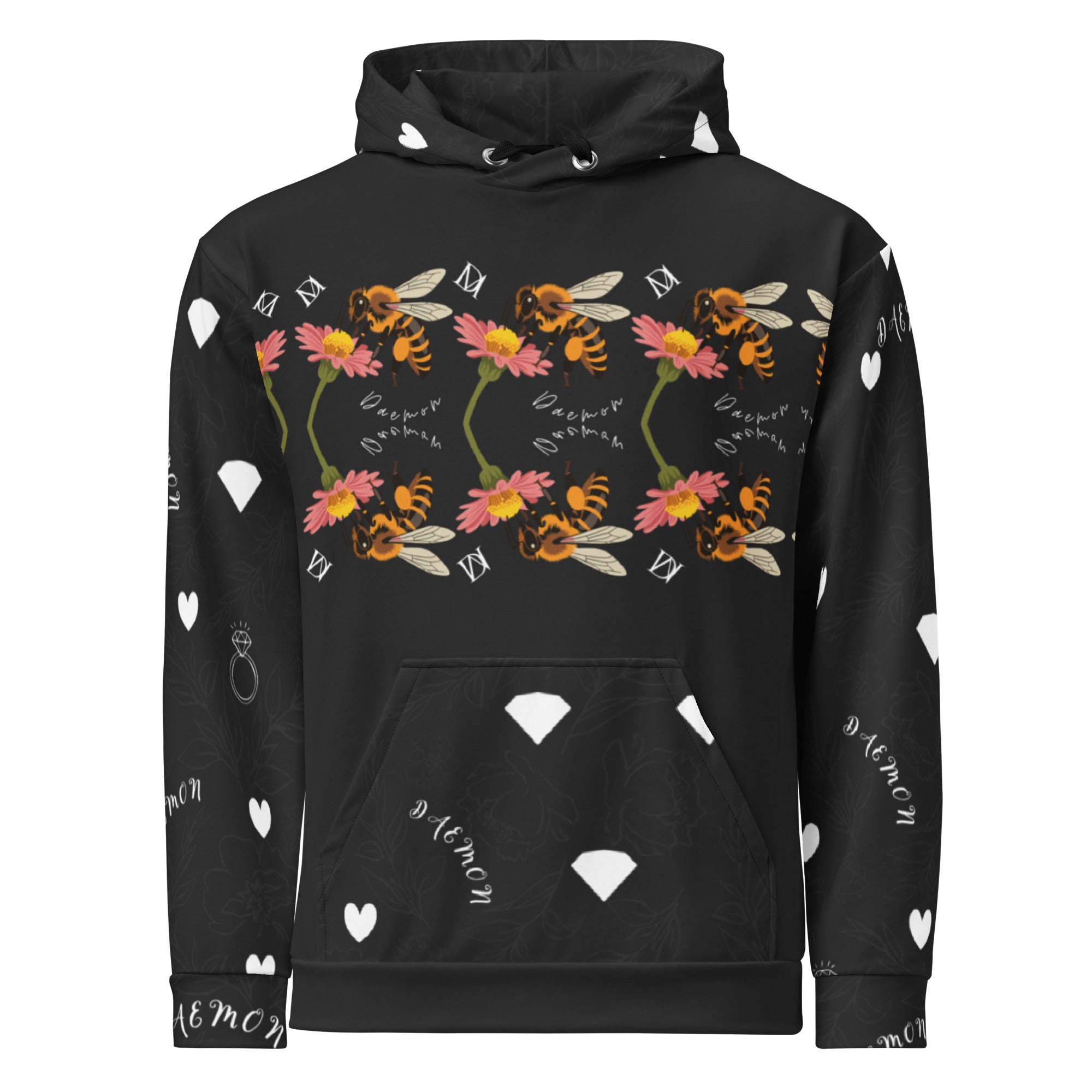 White Daemon Luxury Florette Rebirth Honeybee Mirrors unisex hoodie with all-over recycled print and front design.