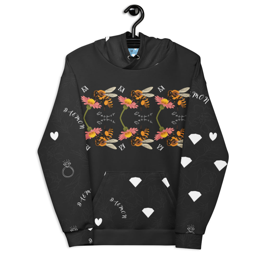 White Daemon Luxury Florette Rebirth Honeybee Mirrors unisex hoodie with all-over print, featuring eco-friendly recycled fabric.