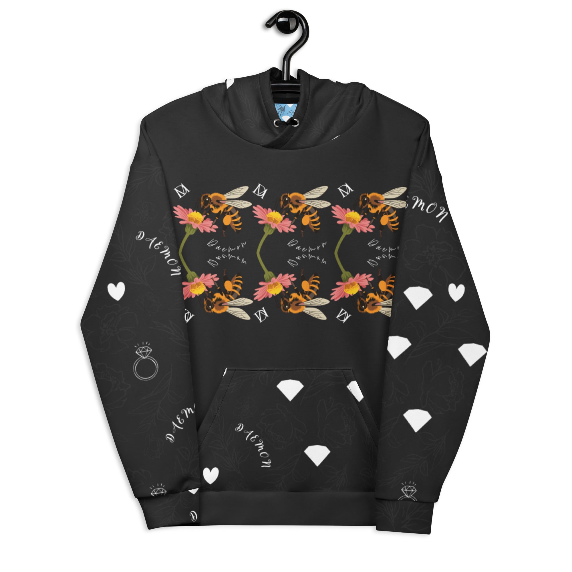 White Daemon Luxury Florette Rebirth Honeybee Mirrors unisex hoodie with all-over print, featuring eco-friendly recycled fabric.