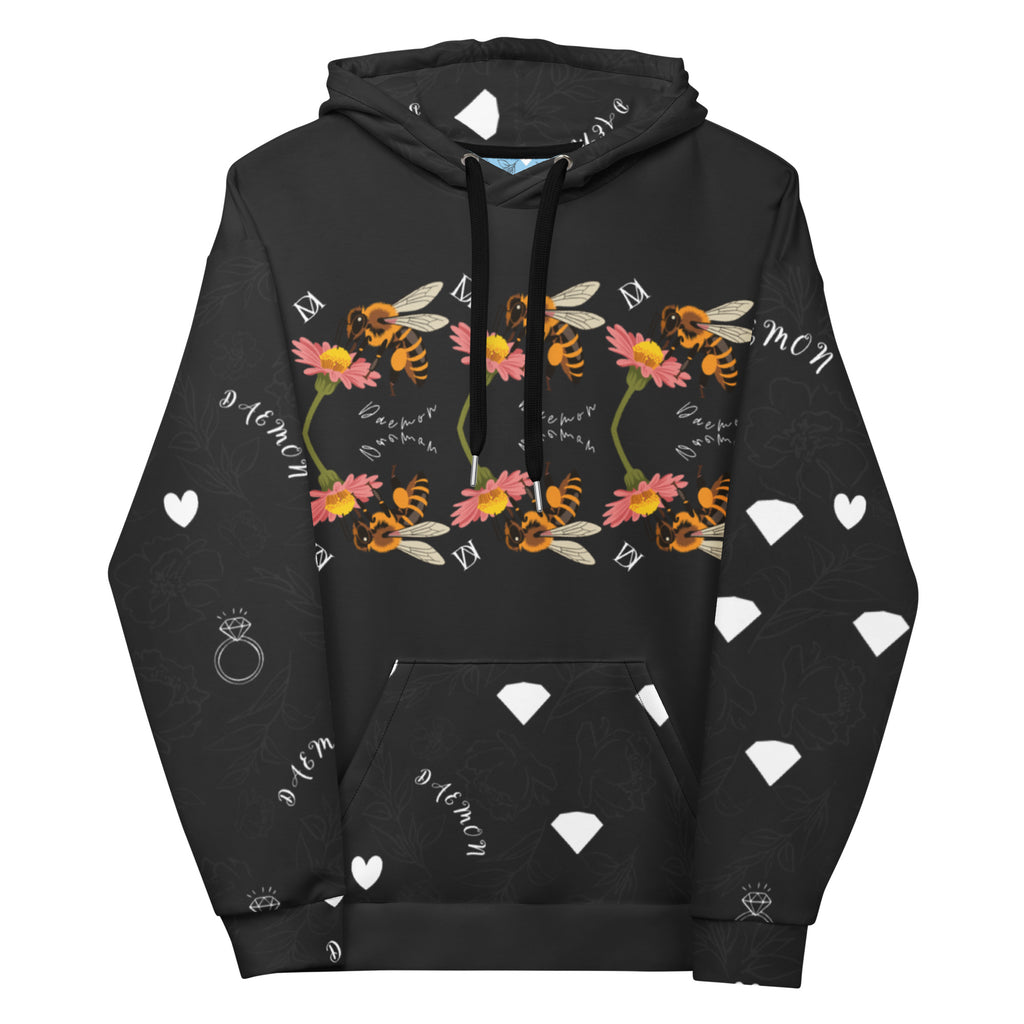 Daemon Luxury Florette Rebirth Honeybee Mirrors unisex hoodie with all-over recycled print, white front view.