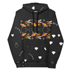 Daemon Luxury Florette Rebirth Honeybee Mirrors unisex hoodie with all-over recycled print, white front view.