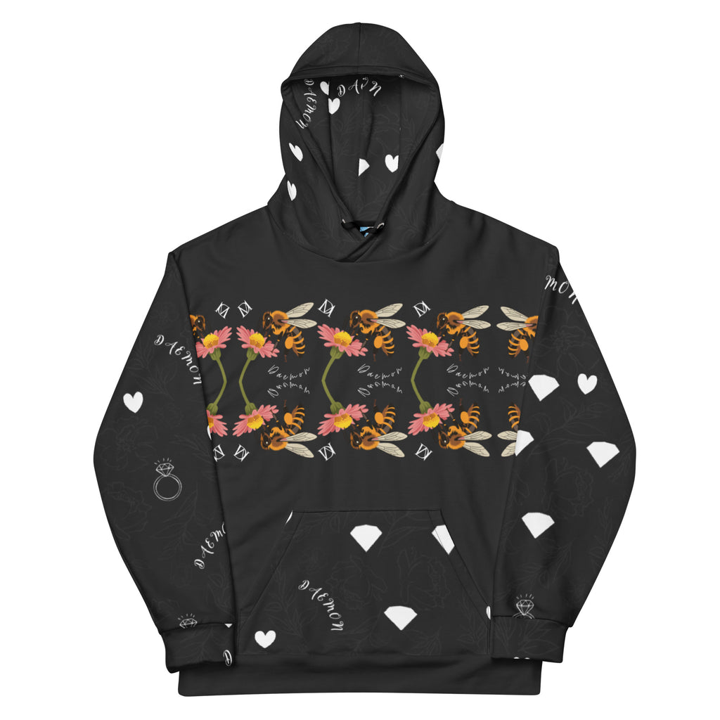 Unisex white hoodie with all-over honeybee mirror print from Daemon Luxury's Florette Rebirth collection.