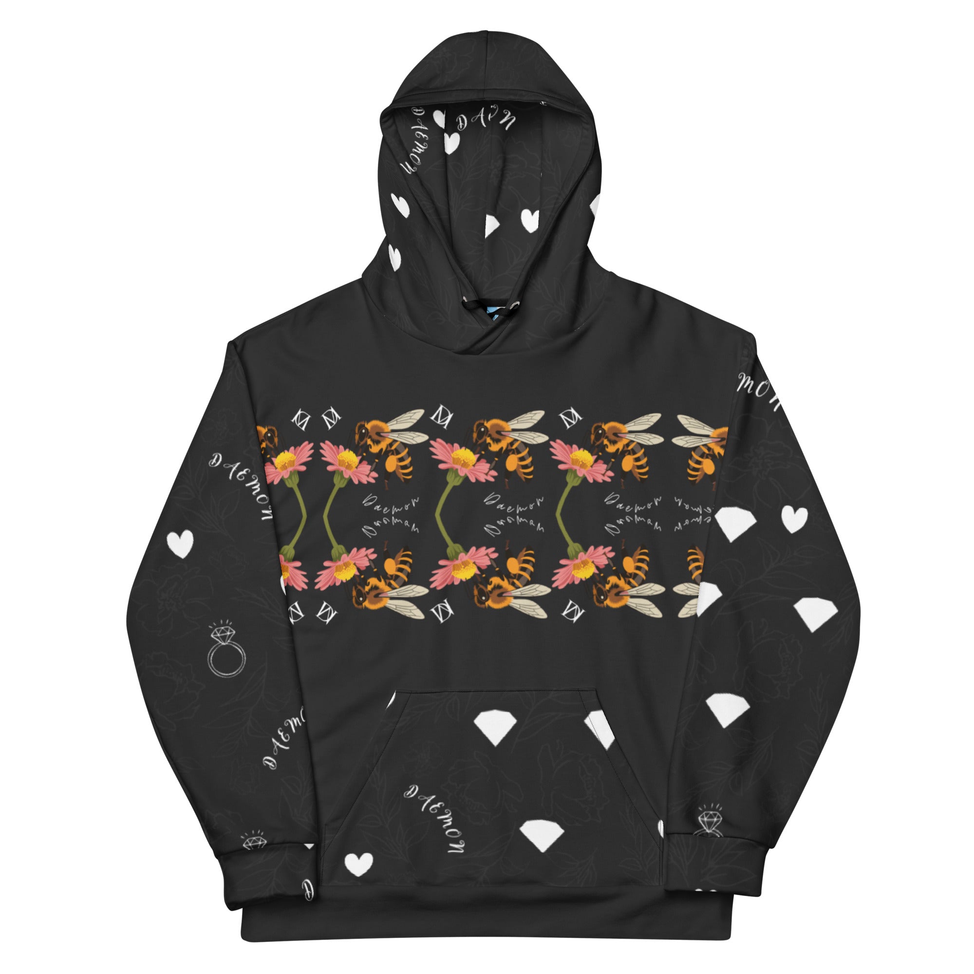 Unisex white hoodie with all-over honeybee mirror print from Daemon Luxury's Florette Rebirth collection.