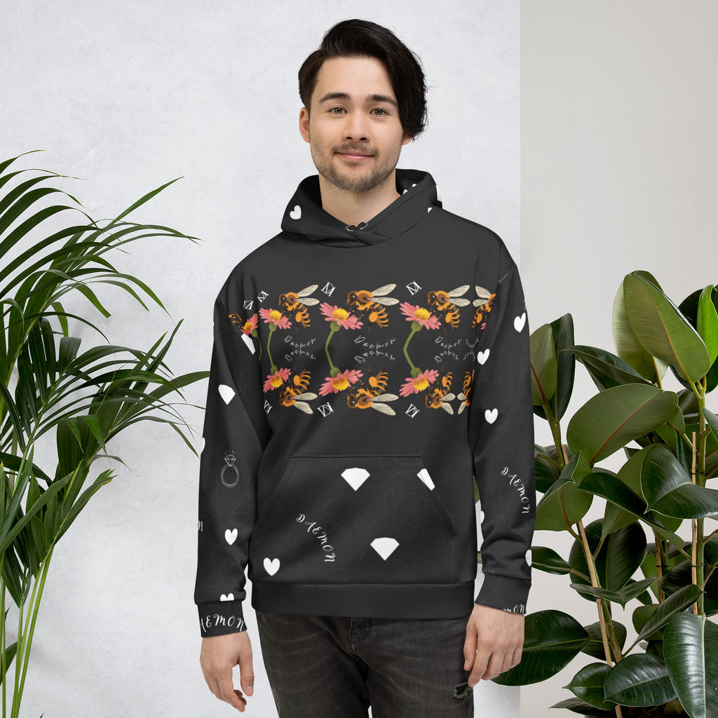 Rebirth Honeybee Mirrors unisex white hoodie by Daemon Luxury with all-over printed recycled fabric and hood.