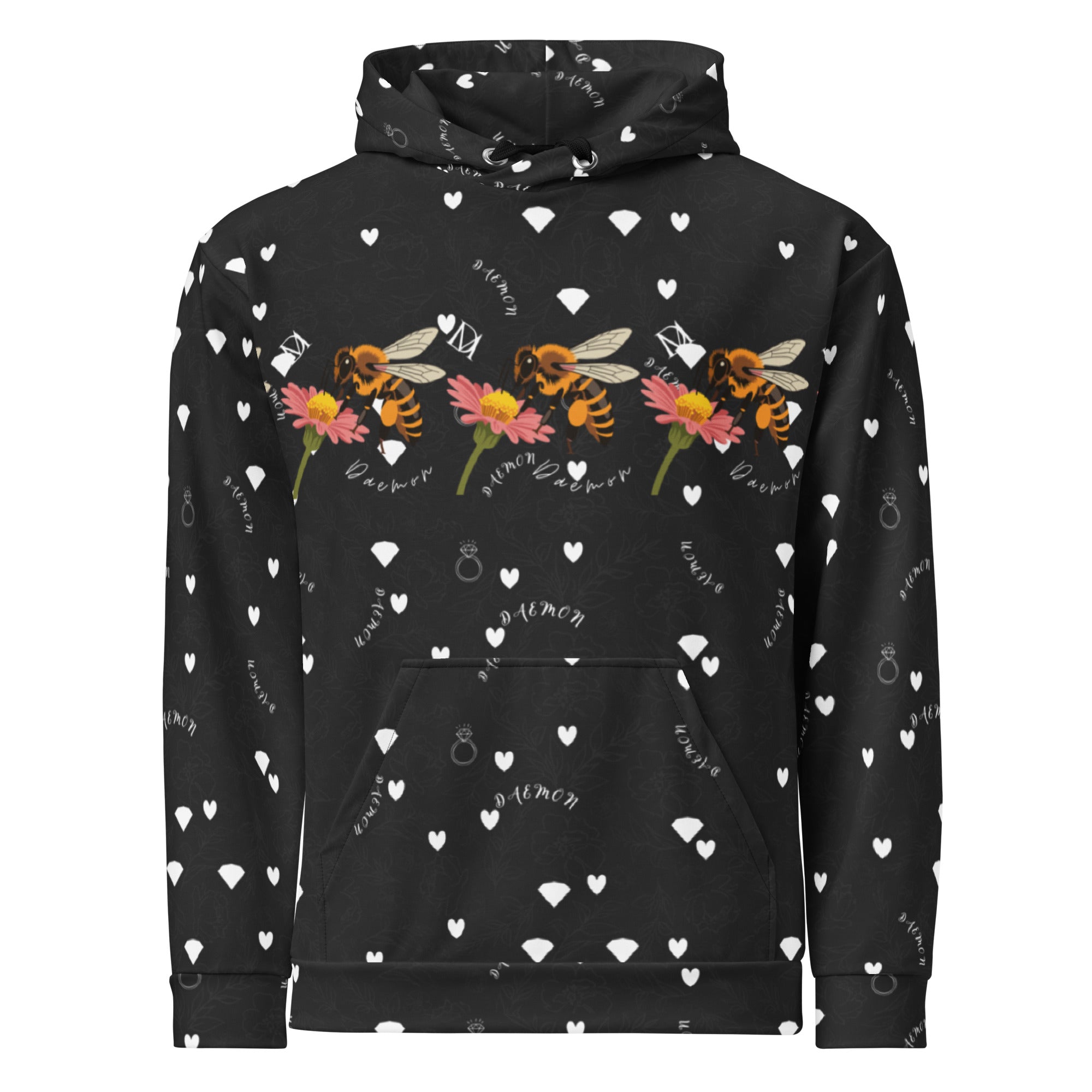 Unisex white Felpa Cappucio hoodie with all-over honeybee and floral print from Daemon Luxury's Florette Rebirth collection.