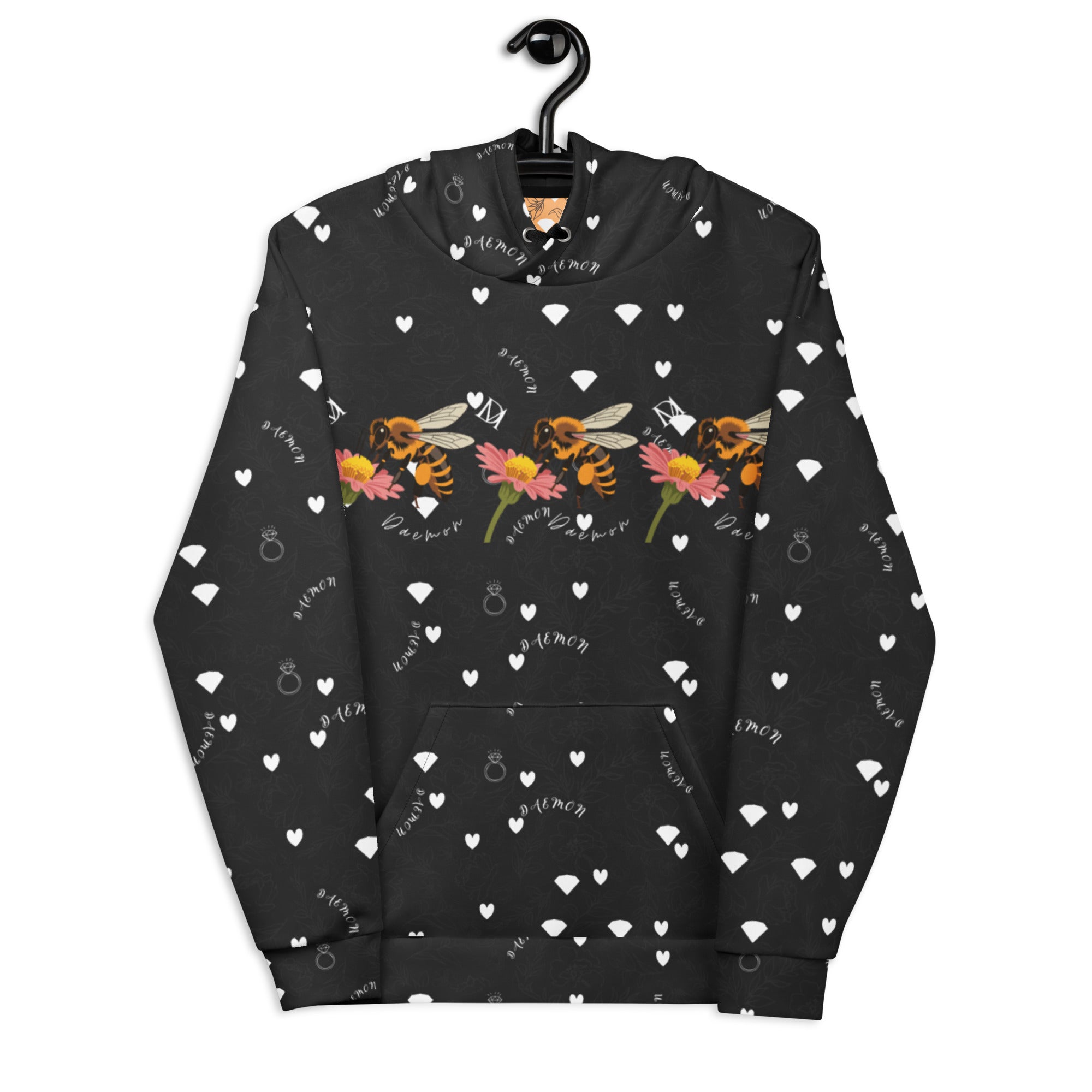 Daemon Luxury Florette Rebirth Honeybee Bliss unisex hoodie with all-over recycled print, white fabric, front view.