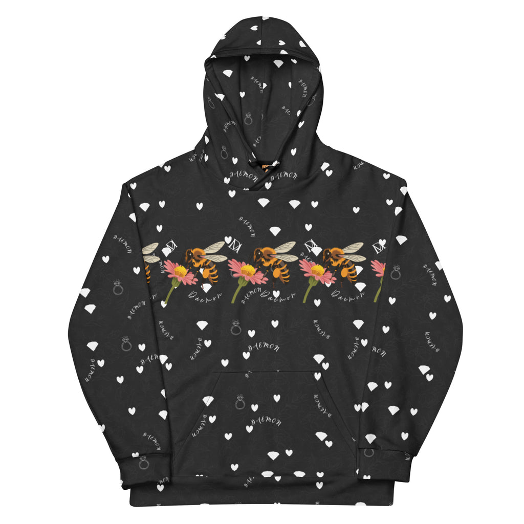 Daemon Luxury Florette Rebirth Honeybee Bliss unisex hoodie with all-over floral and bee print on white recycled fabric front view