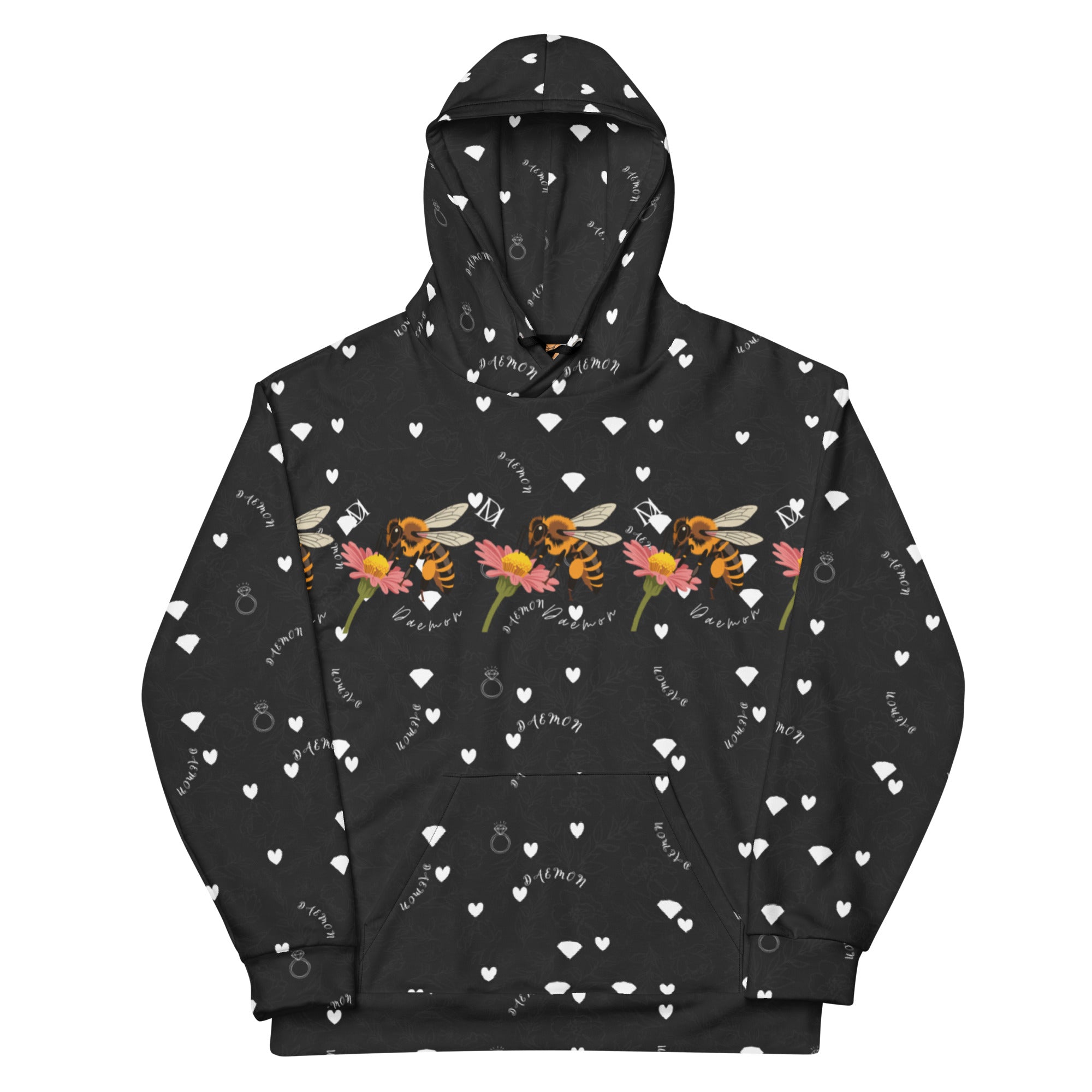 Daemon Luxury Florette Rebirth Honeybee Bliss unisex hoodie with all-over floral and bee print on white recycled fabric front view