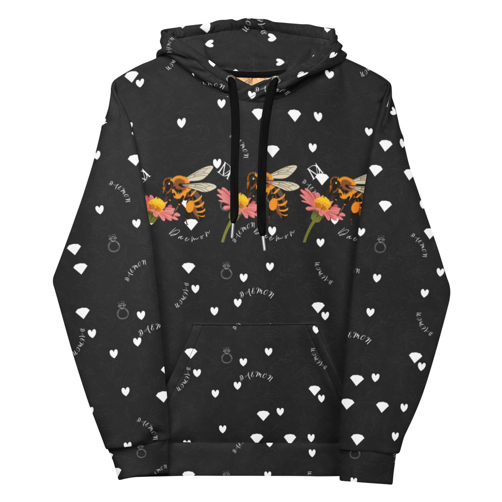 Daemon Luxury Florette Rebirth Honeybee Bliss recycled unisex hoodie with all-over white print, front view.